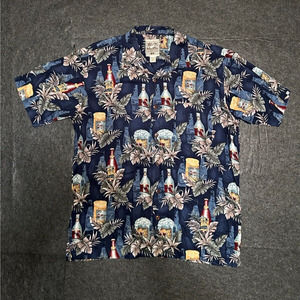 STEVE & BARRY'S Men's Short Sleeve Hawaiian Shirt Navy Blue Beer Size Large